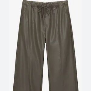 Pull&Bear Faux Leather Pants Women Medium Olive Green Wide Leg Pull On Like New